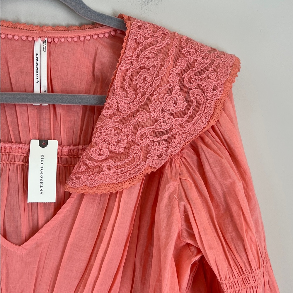 NEW Anthropologie Babydoll Lace Blouse Long Sleeve Sz Large Peach - Picture 3 of 11